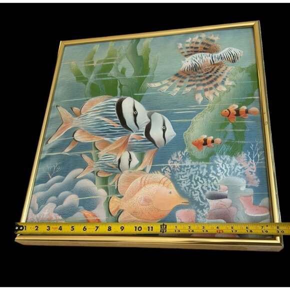 Vtg Original Thick Texture Oil Painting Tropical Fish Brass Frame 20" Registered - Picture 9 of 13